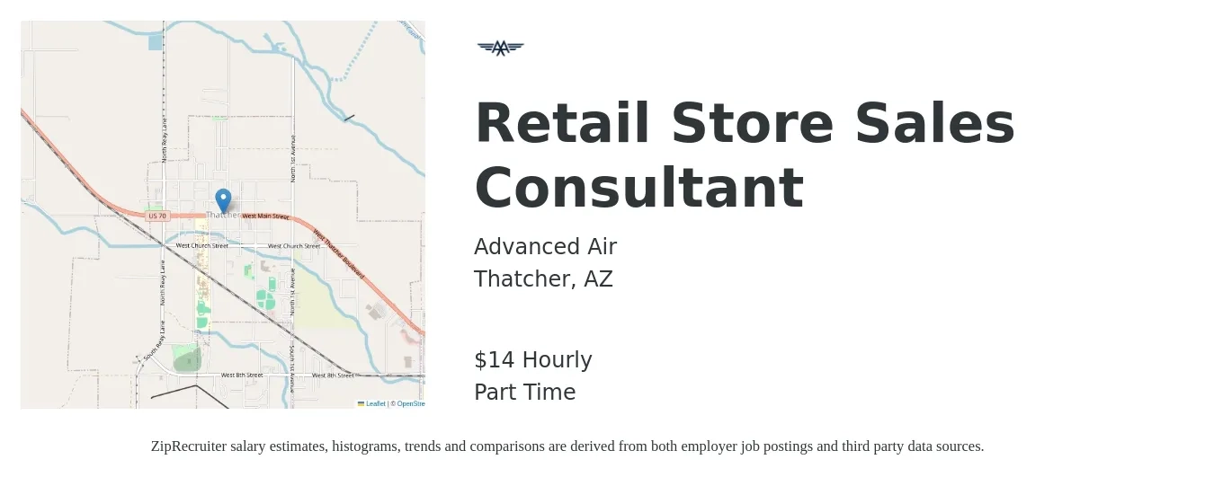 Advanced Air job posting for a Retail Store Sales Consultant in Thatcher, AZ with a salary of $15 Yearly with a map of Thatcher location.