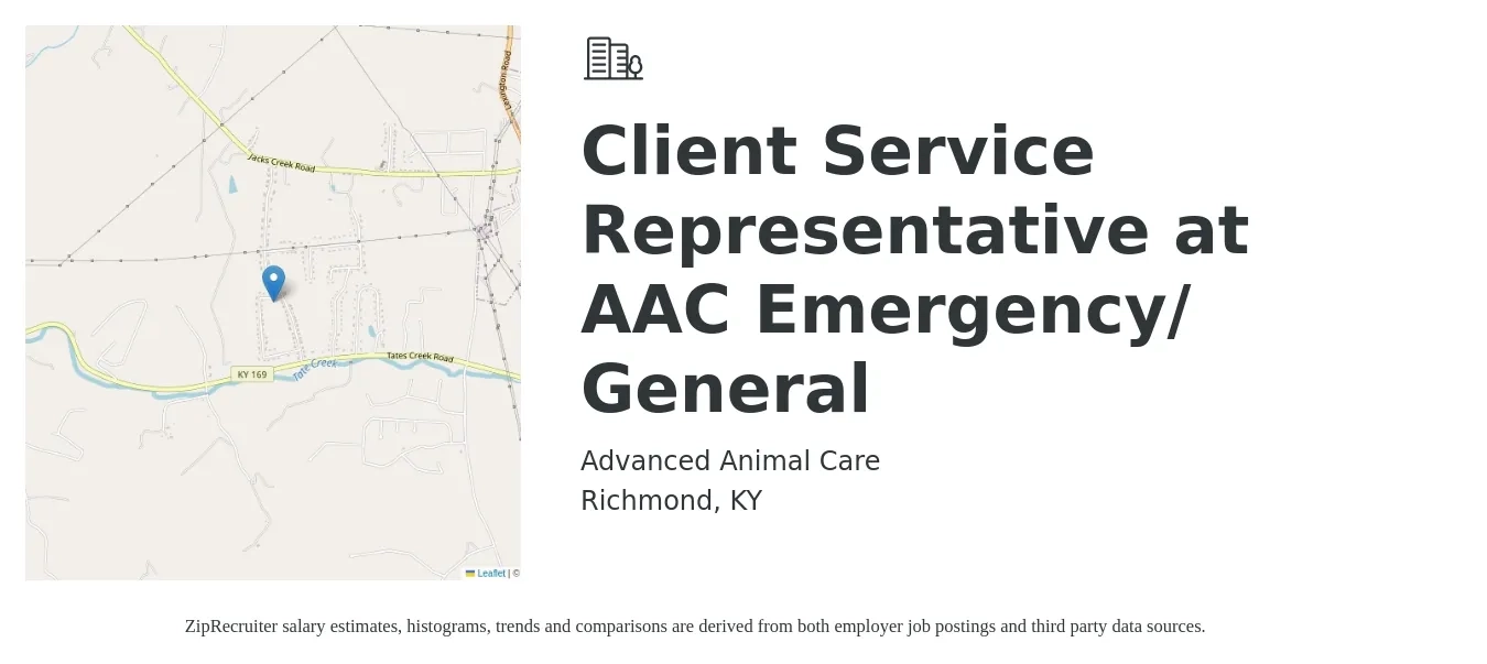 Advanced Animal Care job posting for a Client Service Representative at AAC Emergency/ General in Richmond, KY with a salary of $13 to $18 Hourly with a map of Richmond location.