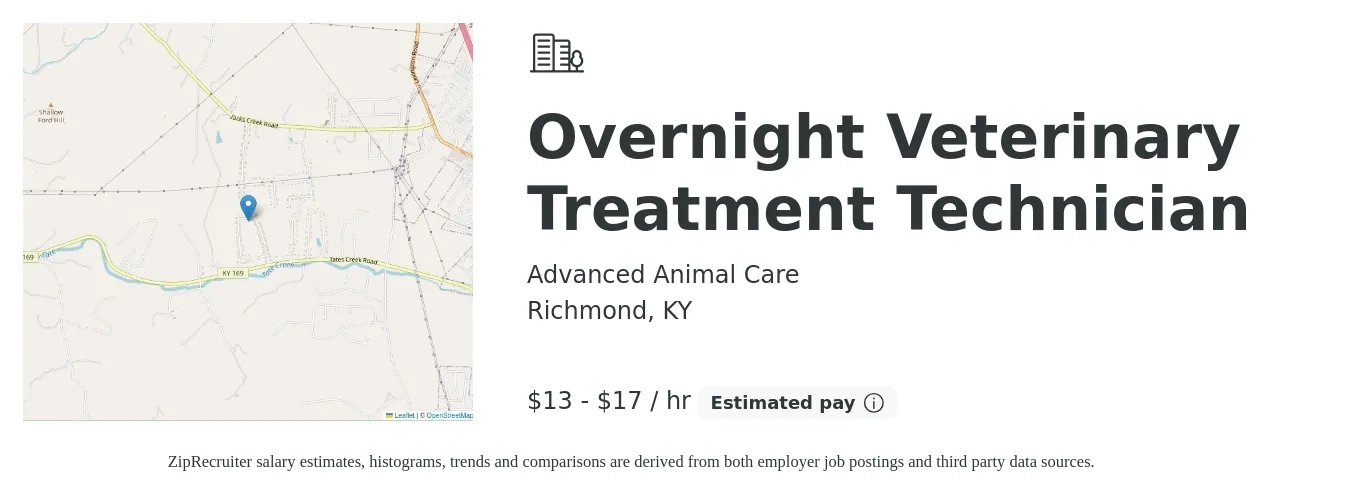 Advanced Animal Care job posting for a Overnight Veterinary Treatment Technician in Richmond, KY with a salary of $14 to $18 Hourly with a map of Richmond location.
