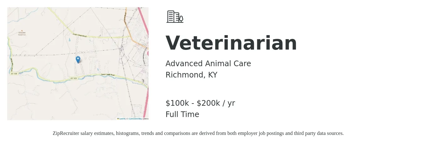 Advanced Animal Care job posting for a Veterinarian in Richmond, KY with a salary of $100,000 to $200,000 Yearly with a map of Richmond location.