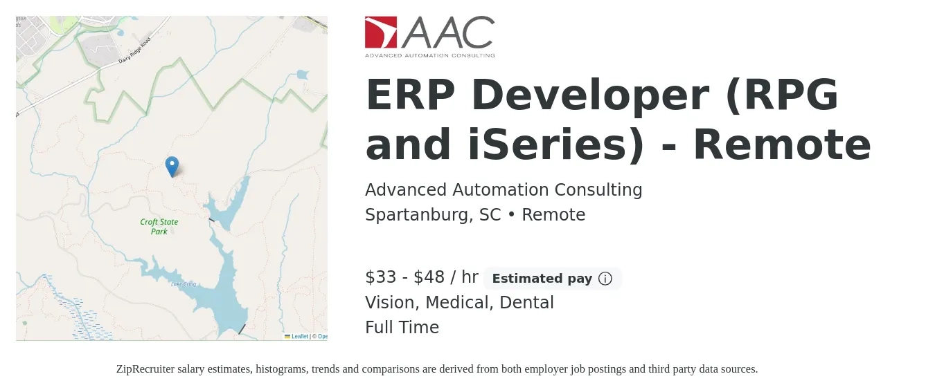 Advanced Automation Consulting job posting for a ERP Developer (RPG and iSeries) - Remote in Spartanburg, SC with a salary of $35 to $45 Hourly and benefits including medical, retirement, vision, and dental with a map of Spartanburg location.