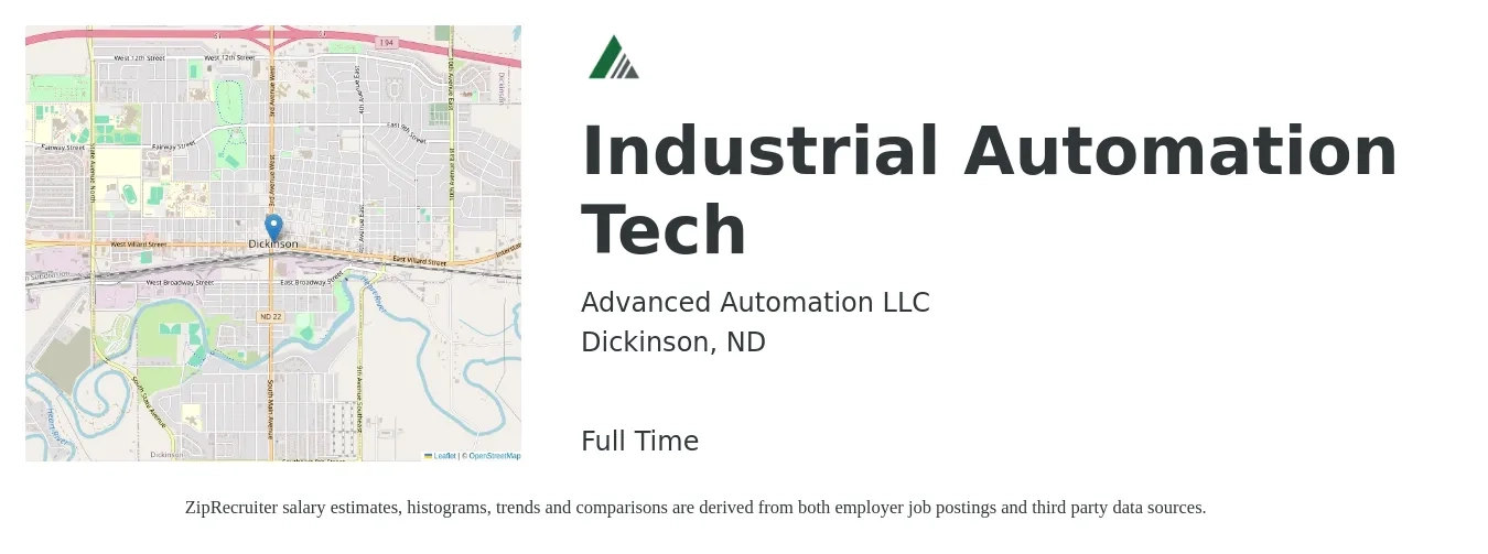 Advanced Automation LLC job posting for a Industrial Automation Tech in Dickinson, ND with a salary of $39,900 Yearly with a map of Dickinson location.