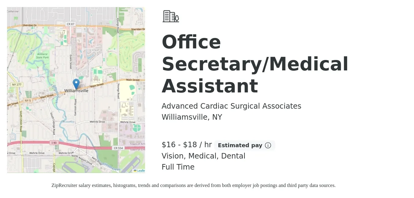 Advanced Cardiac Surgical Associates job posting for a Office Secretary/Medical Assistant in Williamsville, NY with a salary of $17 to $19 Hourly and benefits including medical, pto, retirement, vision, and dental with a map of Williamsville location.