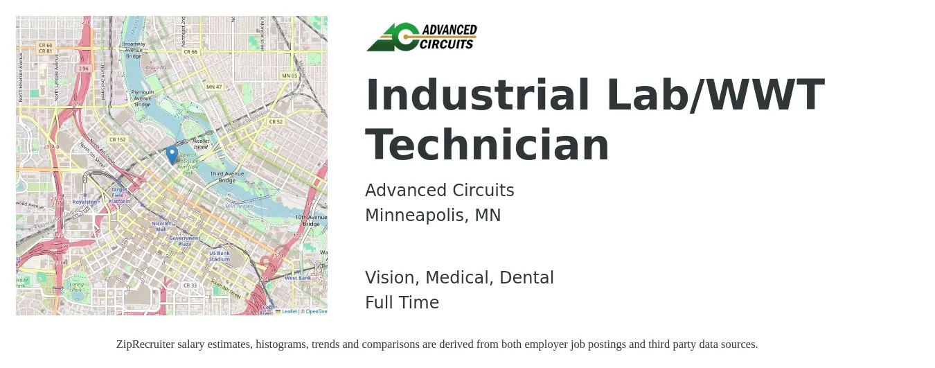 Advanced Circuits job posting for a Industrial Lab/WWT Technician in Minneapolis, MN with a salary of $20 to $26 Hourly and benefits including vision, dental, life_insurance, medical, pto, and retirement with a map of Minneapolis location.
