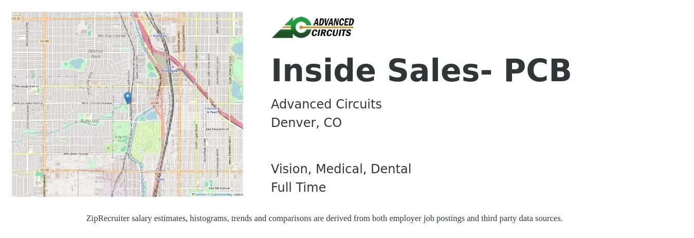 Advanced Circuits job posting for a Inside Sales- PCB in Denver, CO with a salary of $40,700 to $60,700 Yearly and benefits including life_insurance, medical, retirement, vision, and dental with a map of Denver location.