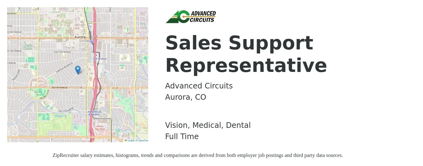 Advanced Circuits job posting for a Sales Support Representative in Aurora, CO with a salary of $19 to $26 Hourly and benefits including retirement, vision, dental, life_insurance, medical, and pto with a map of Aurora location.