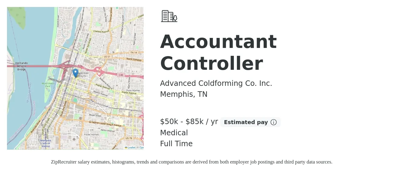 Advanced Coldforming Co. Inc. job posting for a Accountant Controller in Memphis, TN with a salary of $50,000 to $85,000 Yearly and benefits including life_insurance, medical, and retirement with a map of Memphis location.