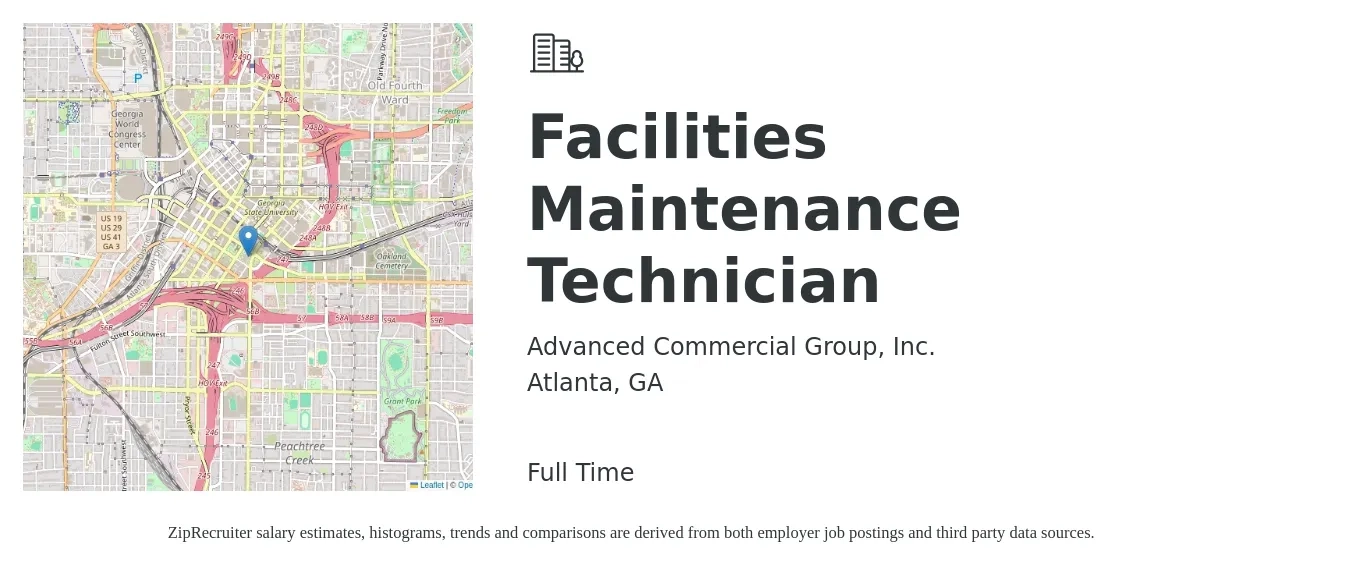 Advanced Commercial Group, Inc. job posting for a Facilities Maintenance Technician in Atlanta, GA with a salary of $18 to $26 Hourly with a map of Atlanta location.