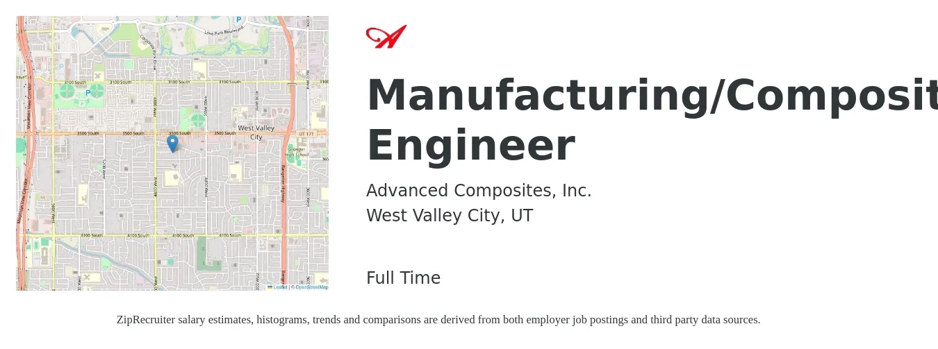 Advanced Composites, Inc. job posting for a Manufacturing/Composites Engineer in West Valley City, UT with a salary of $70,100 to $90,300 Yearly with a map of West Valley City location.