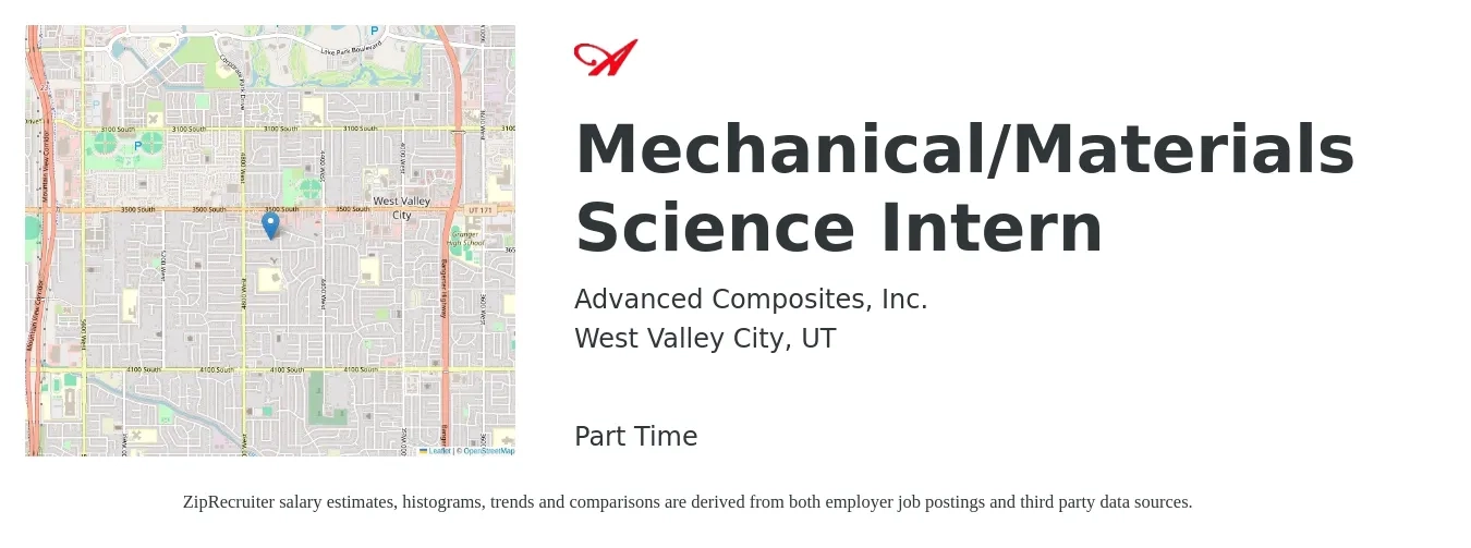Advanced Composites, Inc. job posting for a Mechanical/Materials Science Intern in West Valley City, UT with a salary of $20 Hourly with a map of West Valley City location.