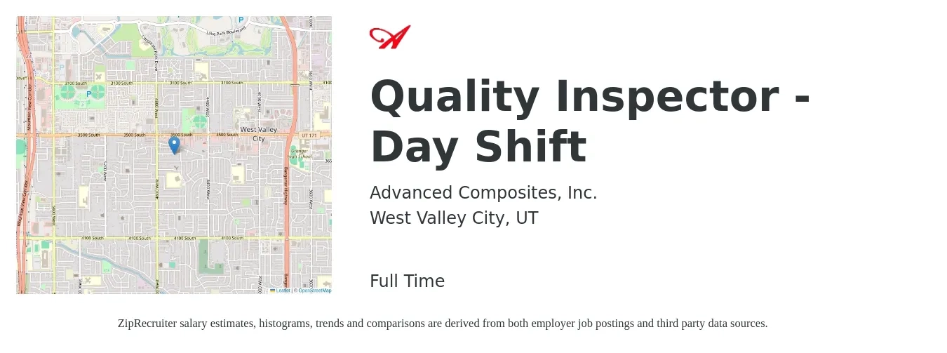 Advanced Composites, Inc. job posting for a Quality Inspector - Day Shift in West Valley City, UT with a salary of $20 Hourly with a map of West Valley City location.