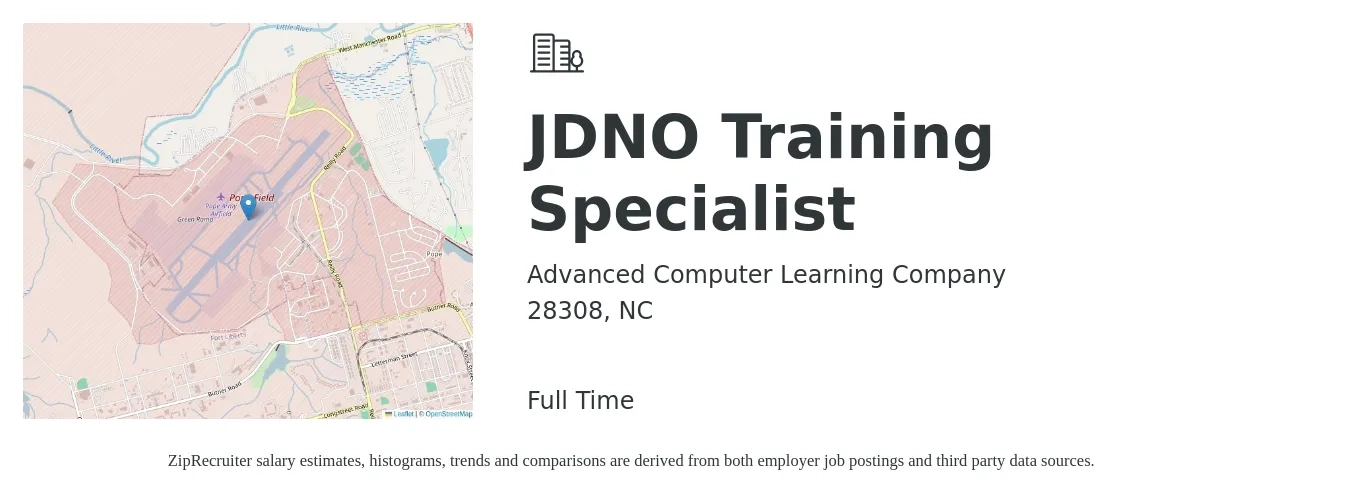 Advanced Computer Learning Company job posting for a JDNO Training Specialist in 28308, NC with a salary of $55,700 to $81,100 Yearly with a map of 28308 location.