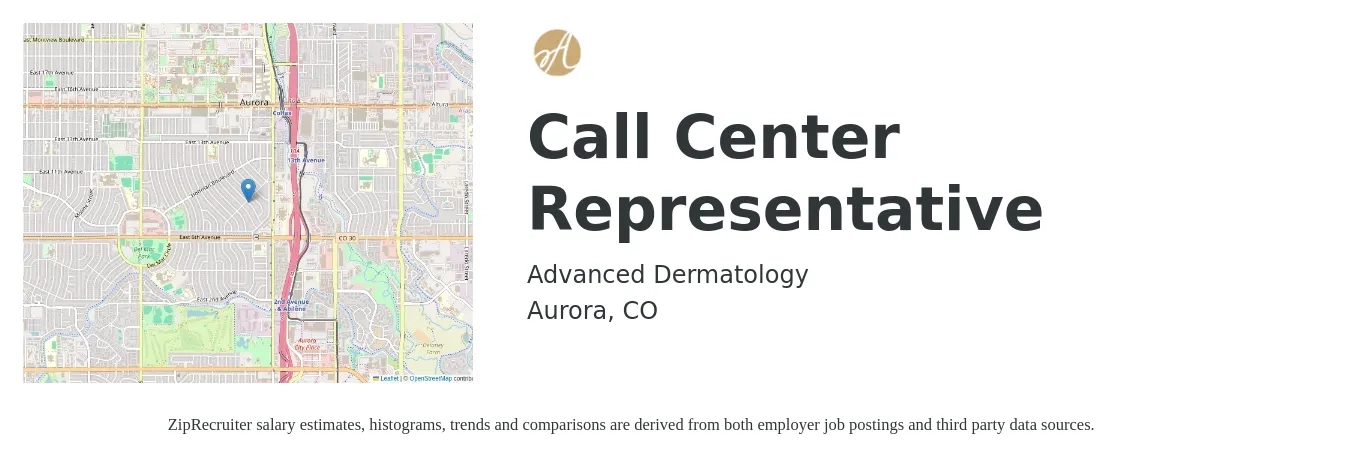 Advanced Dermatology job posting for a Call Center Representative in Aurora, CO with a salary of $16 to $20 Hourly with a map of Aurora location.