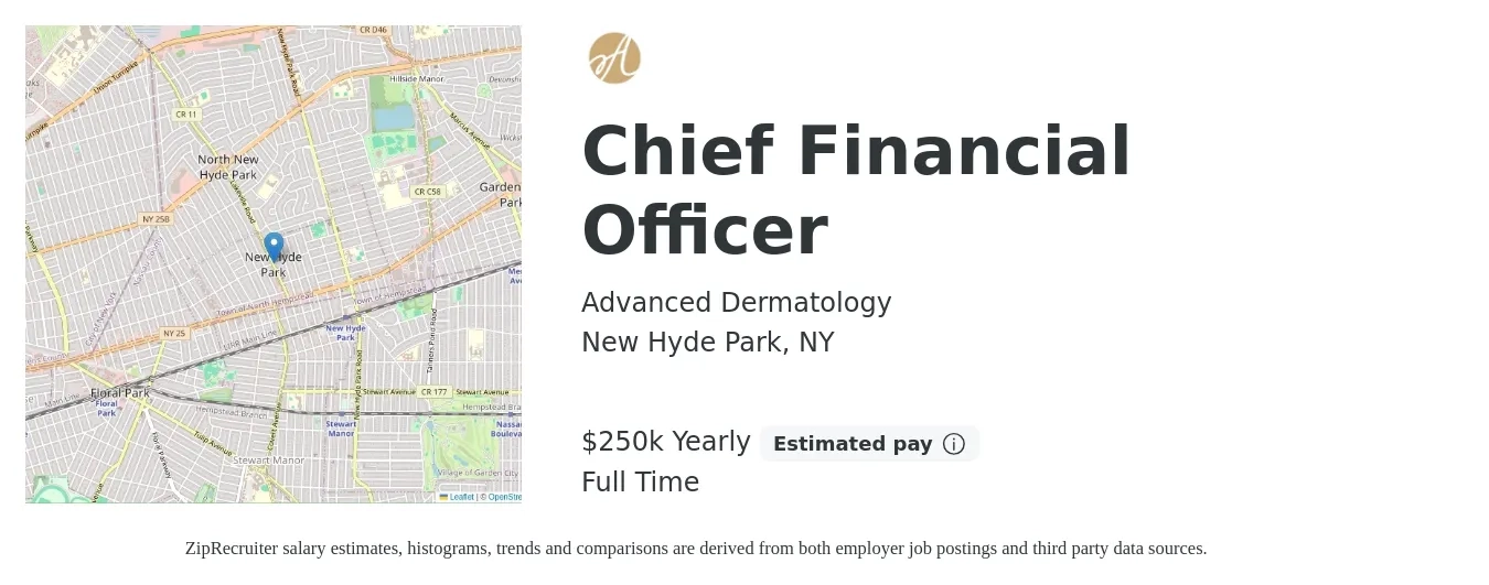 Advanced Dermatology job posting for a Chief Financial Officer in New Hyde Park, NY with a salary of $250,000 Yearly with a map of New Hyde Park location.
