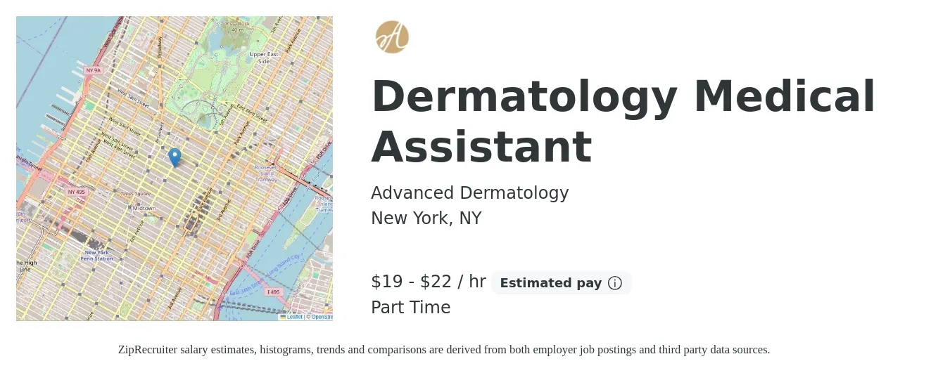 Advanced Dermatology job posting for a Dermatology Medical Assistant in New York, NY with a salary of $23 to $25 Hourly with a map of New York location.