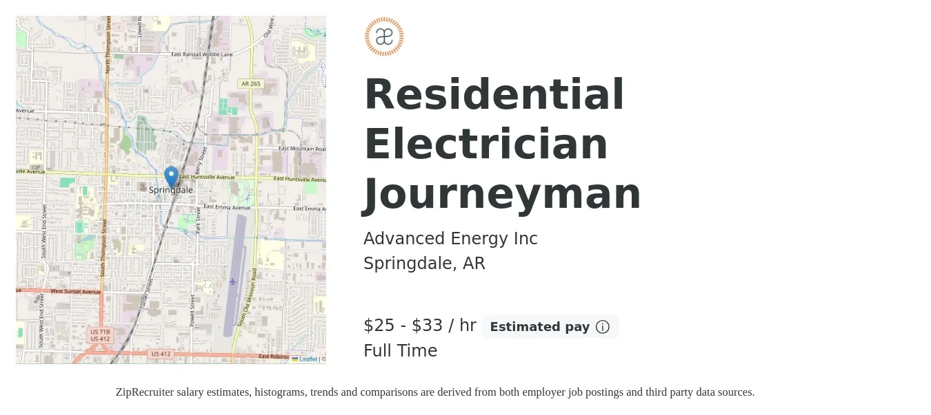 Advanced Energy Inc job posting for a Residential Electrician Journeyman in Springdale, AR with a salary of $26 to $35 Hourly with a map of Springdale location.