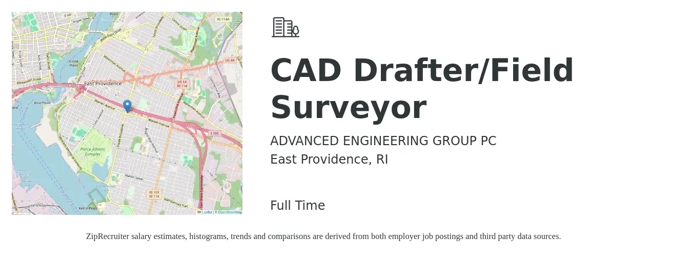 ADVANCED ENGINEERING GROUP PC job posting for a CAD Drafter/Field Surveyor in East Providence, RI with a salary of $23 to $30 Hourly with a map of East Providence location.