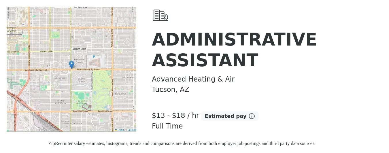 Advanced Heating & Air job posting for a ADMINISTRATIVE ASSISTANT in Tucson, AZ with a salary of $14 to $19 Hourly with a map of Tucson location.