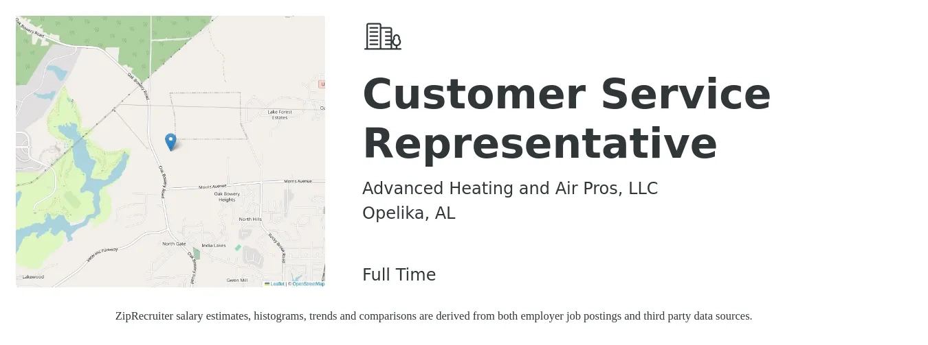 Advanced Heating and Air Pros, LLC job posting for a Customer Service Representative in Opelika, AL with a salary of $14 to $19 Hourly with a map of Opelika location.