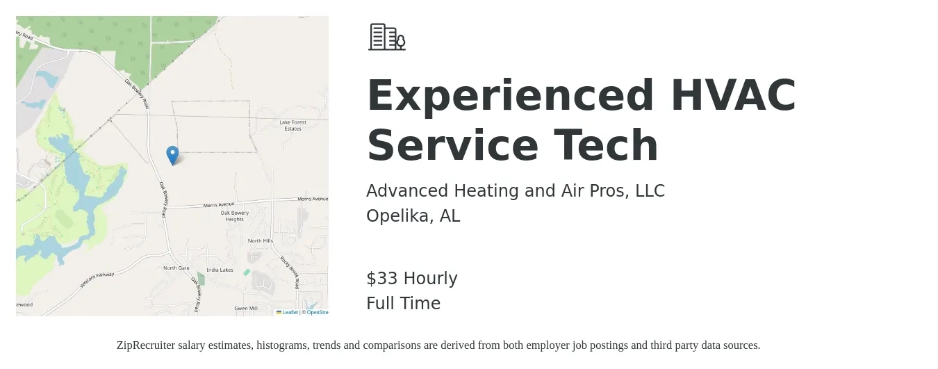 Advanced Heating and Air Pros, LLC job posting for a Experienced HVAC Service Tech in Opelika, AL with a salary of $35 Hourly with a map of Opelika location.