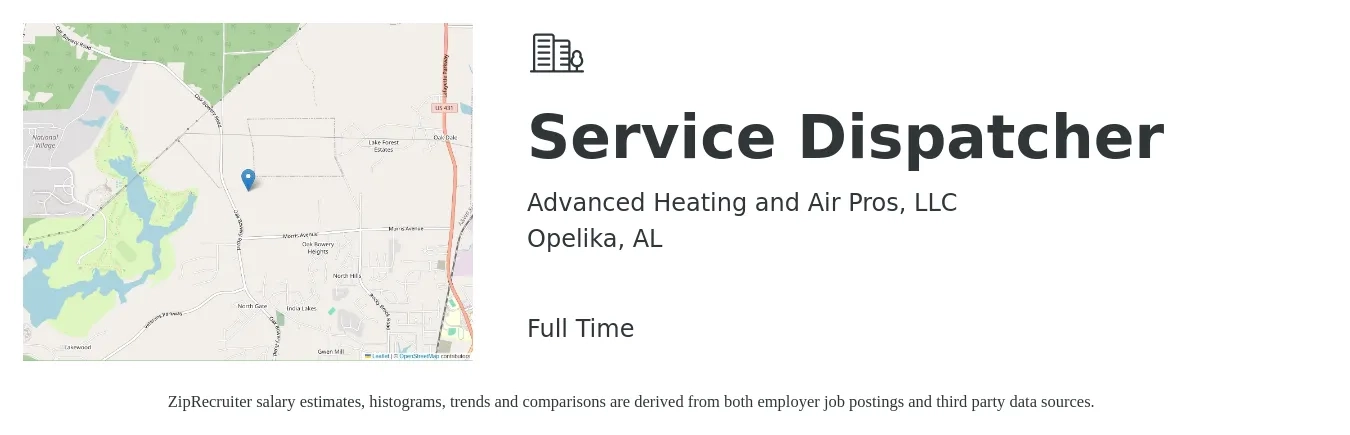 Advanced Heating and Air Pros, LLC job posting for a Service Dispatcher in Opelika, AL with a salary of $16 to $21 Hourly with a map of Opelika location.