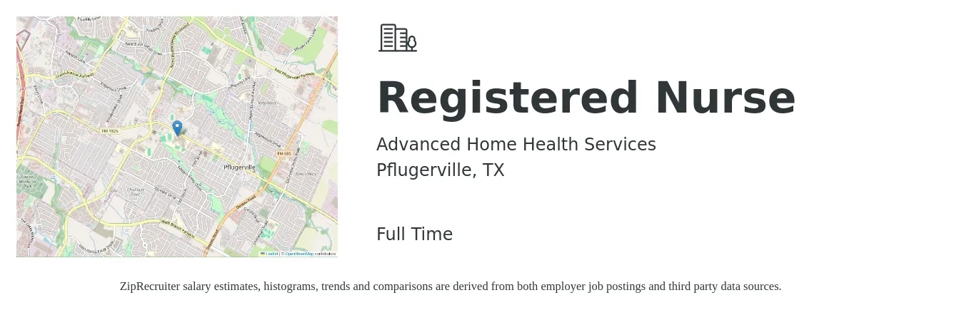 Advanced Home Health Services job posting for a Registered Nurse in Pflugerville, TX with a salary of $31 to $49 Hourly with a map of Pflugerville location.