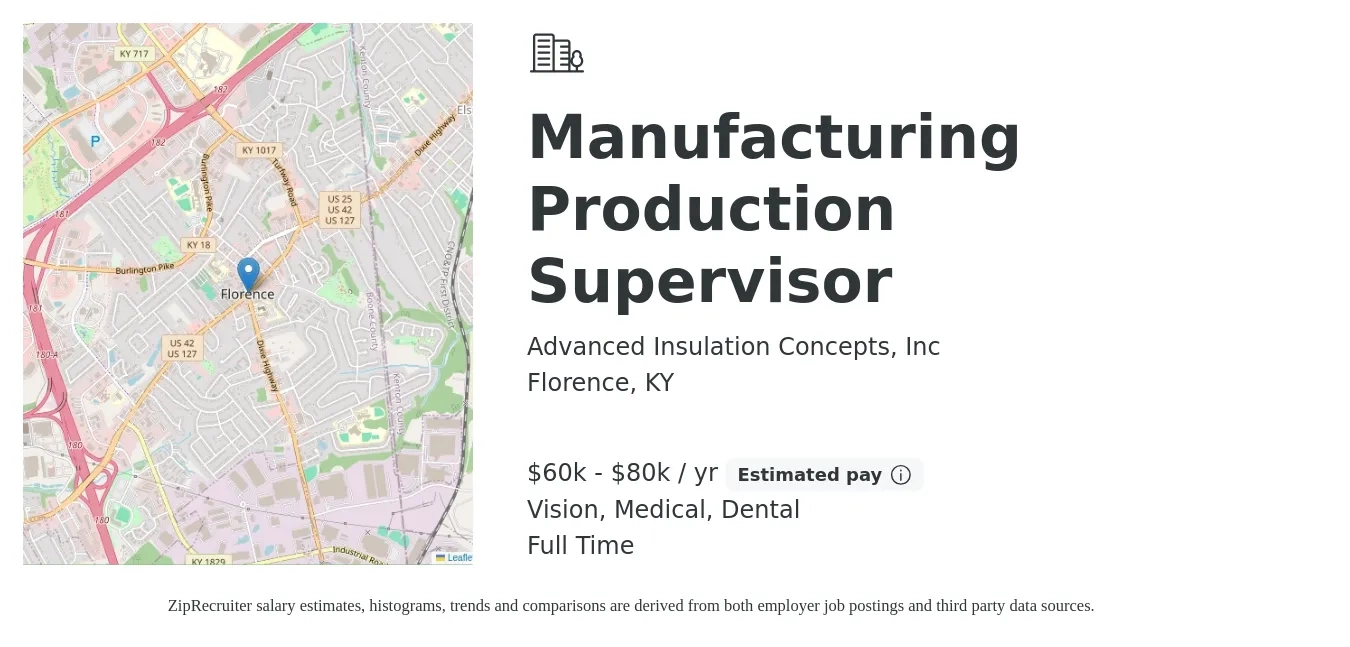Advanced Insulation Concepts, Inc job posting for a Manufacturing Production Supervisor in Florence, KY with a salary of $60,000 to $80,000 Yearly and benefits including pto, retirement, vision, dental, life_insurance, and medical with a map of Florence location.