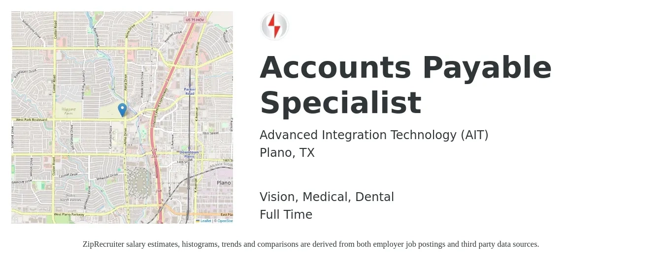 Advanced Integration Technology (AIT) job posting for a Accounts Payable Specialist in Plano, TX with a salary of $20 to $26 Hourly and benefits including life_insurance, medical, retirement, vision, and dental with a map of Plano location.