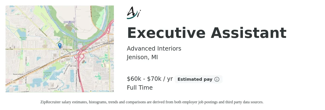 Advanced Interiors job posting for a Executive Assistant in Jenison, MI with a salary of $55,000 to $60,000 Yearly with a map of Jenison location.