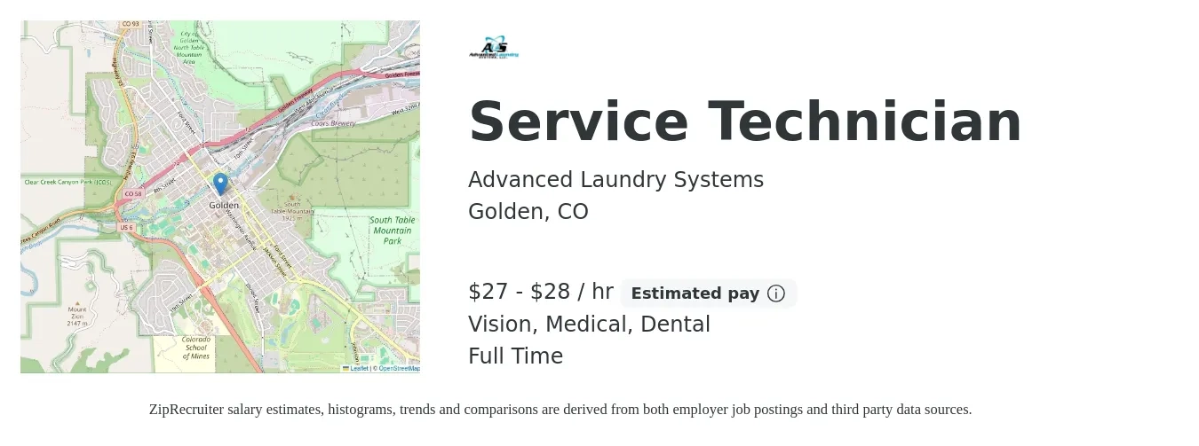 Advanced Laundry Systems job posting for a Service Technician in Golden, CO with a salary of $28 to $30 Hourly and benefits including retirement, vision, dental, life_insurance, medical, and pto with a map of Golden location.