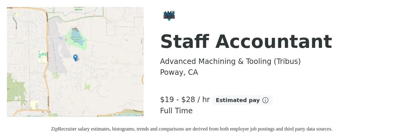 Advanced Machining & Tooling (Tribus) job posting for a Staff Accountant in Poway, CA with a salary of $20 to $30 Hourly with a map of Poway location.