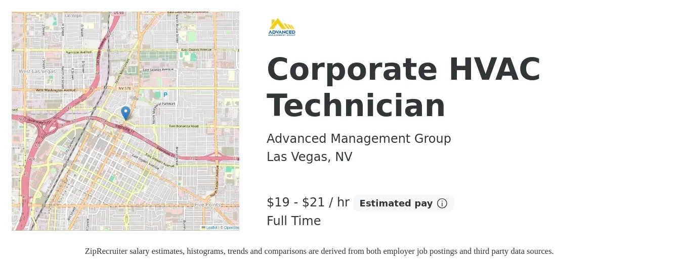 Advanced Management Group job posting for a Corporate HVAC Technician in Las Vegas, NV with a salary of $20 to $22 Hourly with a map of Las Vegas location.