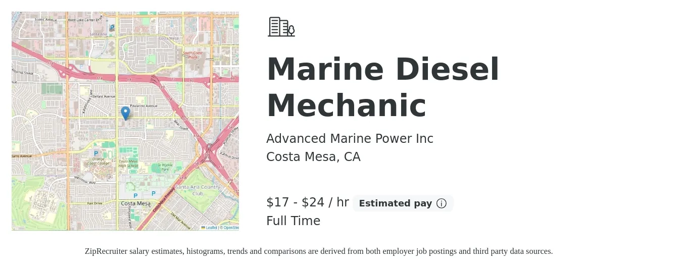 Advanced Marine Power Inc job posting for a Marine Diesel Mechanic in Costa Mesa, CA with a salary of $18 to $25 Hourly with a map of Costa Mesa location.
