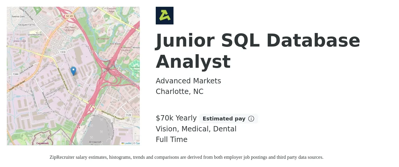 Advanced Markets job posting for a Junior SQL Database Analyst in Charlotte, NC with a salary of $70,000 Yearly and benefits including retirement, vision, dental, life_insurance, medical, and pto with a map of Charlotte location.