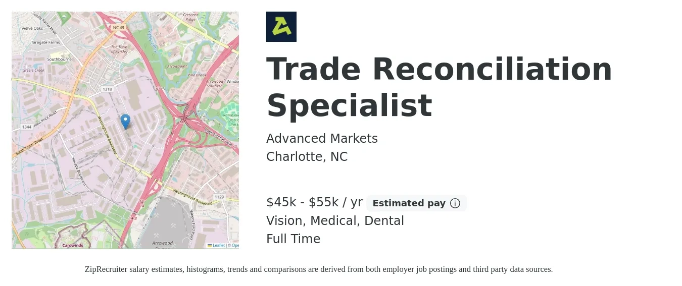 Advanced Markets job posting for a Trade Reconciliation Specialist in Charlotte, NC with a salary of $45,000 to $55,000 Yearly and benefits including medical, pto, retirement, vision, dental, and life_insurance with a map of Charlotte location.