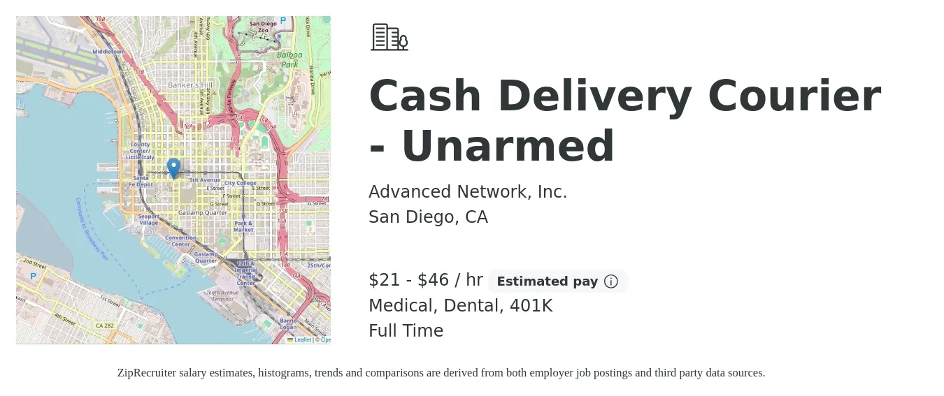 Advanced Network, Inc. job posting for a Cash Delivery Courier - Unarmed in San Diego, CA with a salary of $22 to $48 Hourly and benefits including medical, 401k, and dental with a map of San Diego location.