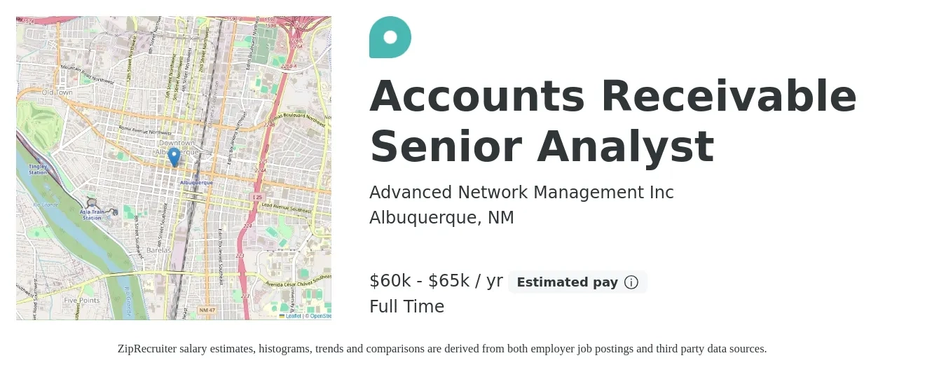 Advanced Network Management Inc job posting for a Accounts Receivable Senior Analyst in Albuquerque, NM with a salary of $60,000 to $65,000 Yearly with a map of Albuquerque location.