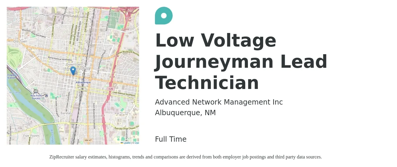 Advanced Network Management Inc job posting for a Low Voltage Journeyman Lead Technician in Albuquerque, NM with a salary of $19 to $26 Hourly with a map of Albuquerque location.