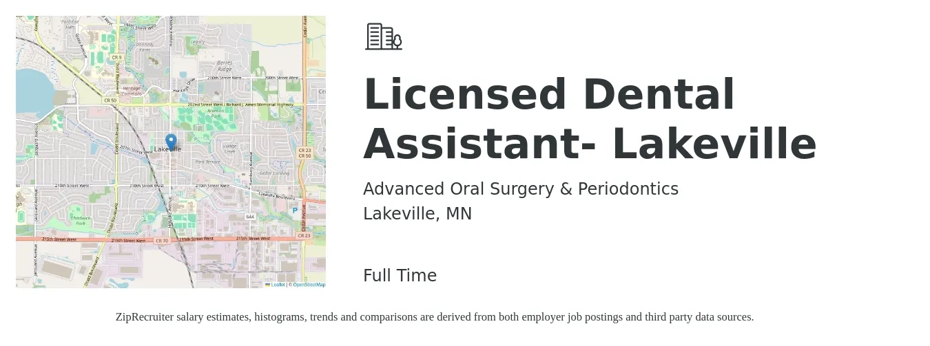 Advanced Oral Surgery & Periodontics job posting for a Licensed Dental Assistant- Lakeville in Lakeville, MN with a salary of $19 to $24 Hourly with a map of Lakeville location.