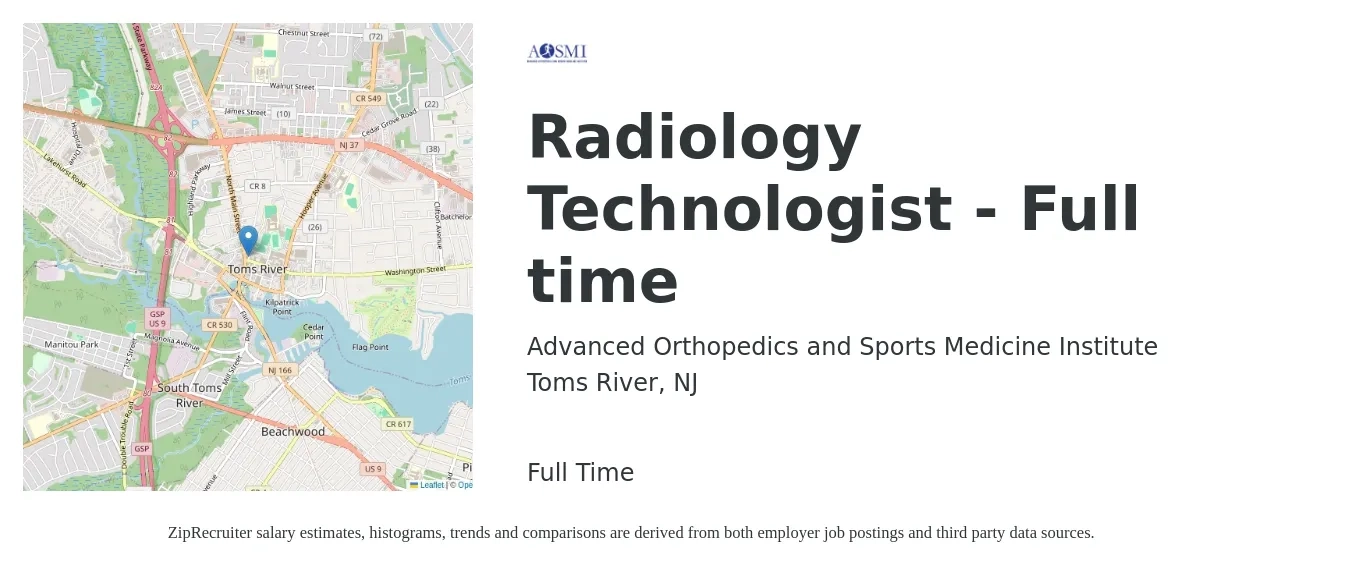 Advanced Orthopedics and Sports Medicine Institute job posting for a Radiology Technologist - Full time in Toms River, NJ with a salary of $1,210 to $2,520 Weekly with a map of Toms River location.