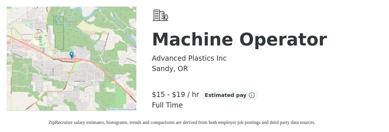 Advanced Plastics Inc job posting for a Machine Operator in Sandy, OR with a salary of $16 to $20 Hourly with a map of Sandy location.