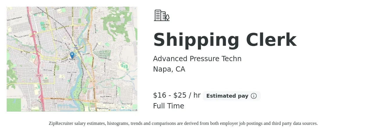 Advanced Pressure Techn job posting for a Shipping Clerk in Napa, CA with a salary of $18 to $26 Hourly with a map of Napa location.