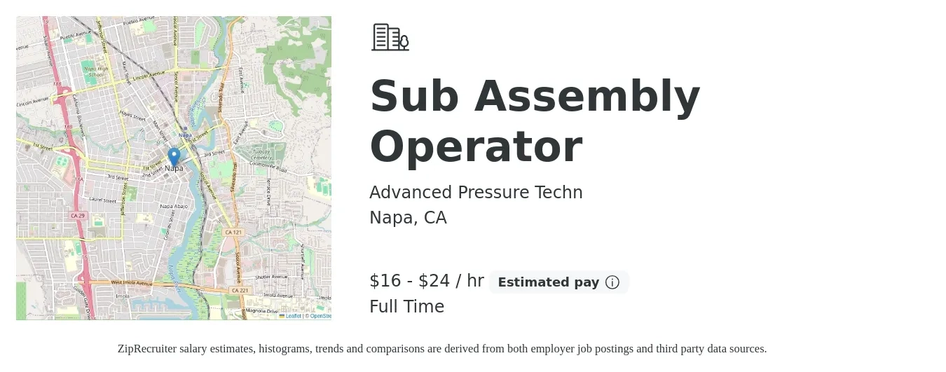 Advanced Pressure Techn job posting for a Sub Assembly Operator in Napa, CA with a salary of $18 to $25 Hourly with a map of Napa location.