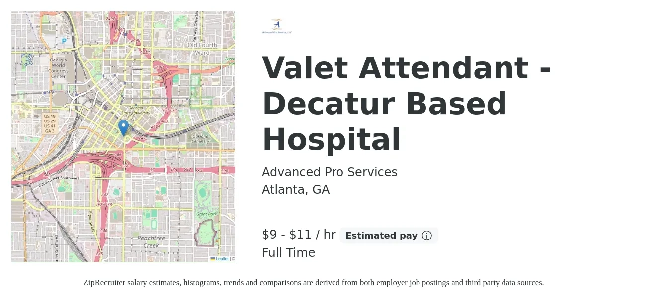 Advanced Pro Services job posting for a Valet Attendant - Decatur Based Hospital in Atlanta, GA with a salary of $10 to $12 Hourly with a map of Atlanta location.