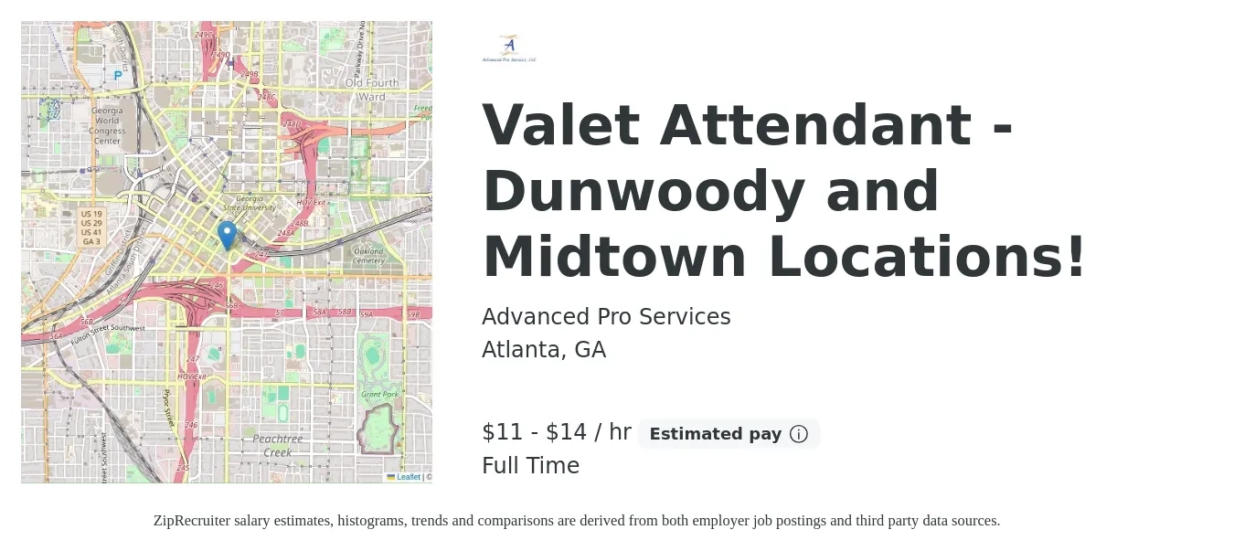 Advanced Pro Services job posting for a Valet Attendant - Dunwoody and Midtown Locations! in Atlanta, GA with a salary of $12 to $15 Hourly with a map of Atlanta location.