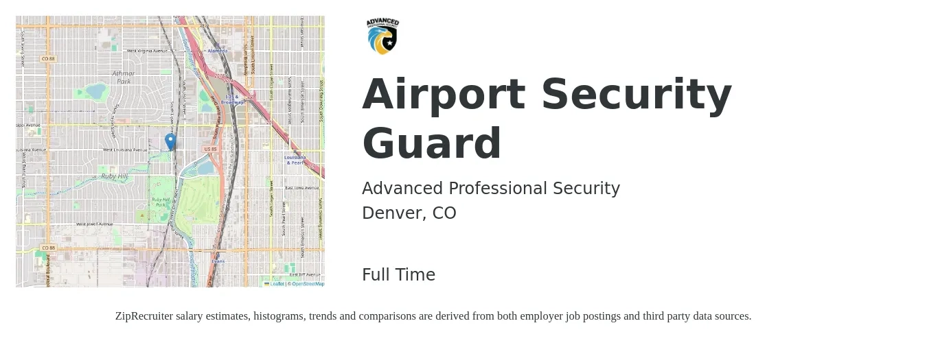 Advanced Professional Security job posting for a Airport Security Guard in Denver, CO with a salary of $16 to $20 Hourly with a map of Denver location.