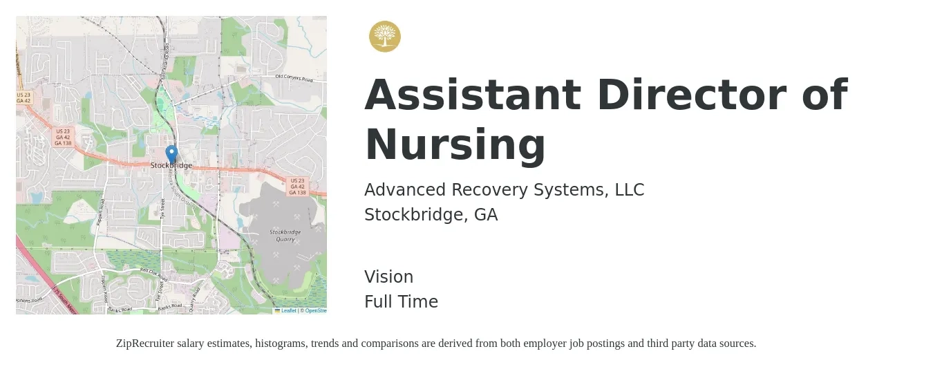 Advanced Recovery Systems, LLC job posting for a Assistant Director of Nursing in Stockbridge, GA with a salary of $64,800 to $86,100 Yearly and benefits including vision with a map of Stockbridge location.