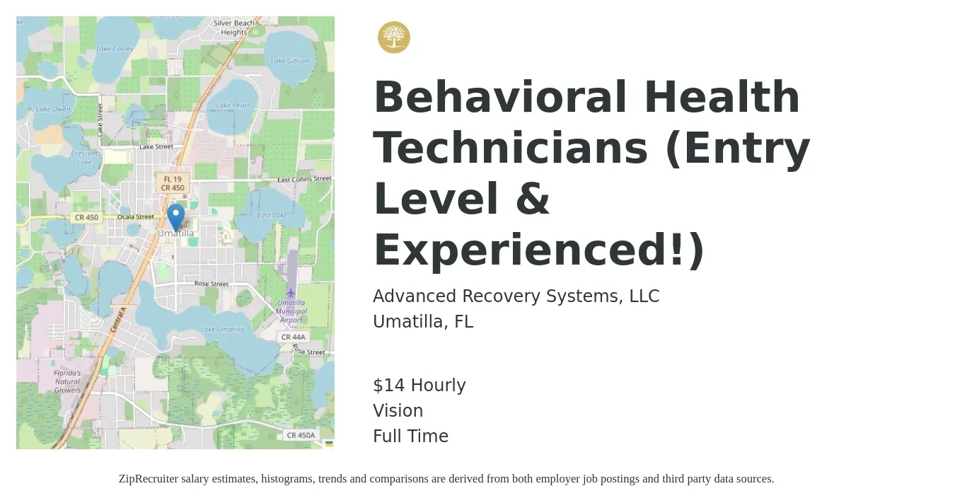 Advanced Recovery Systems, LLC job posting for a Behavioral Health Technicians (Entry Level & Experienced!) in Umatilla, FL with a salary of $15 Hourly and benefits including vision with a map of Umatilla location.