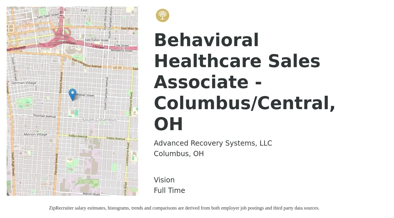 Advanced Recovery Systems, LLC job posting for a Behavioral Healthcare Sales Associate - Columbus/Central, OH in Columbus, OH with a salary of $20 to $32 Hourly and benefits including vision with a map of Columbus location.