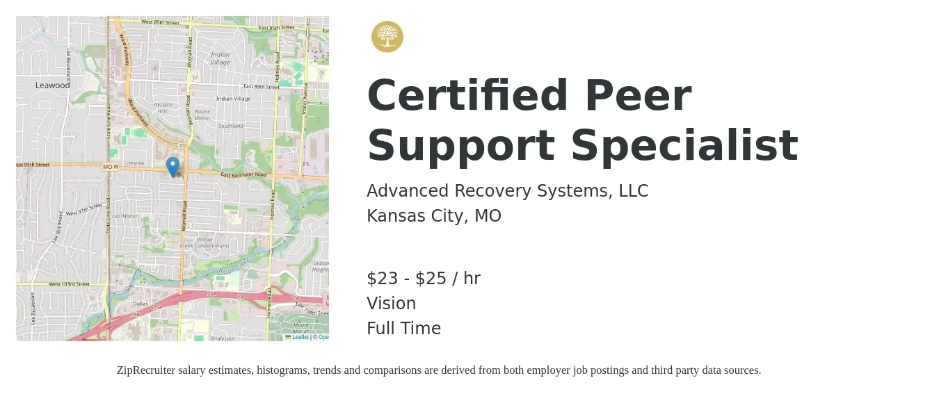 Advanced Recovery Systems, LLC job posting for a Certified Peer Support Specialist in Kansas City, MO with a salary of $24 to $27 Hourly and benefits including vision with a map of Kansas City location.
